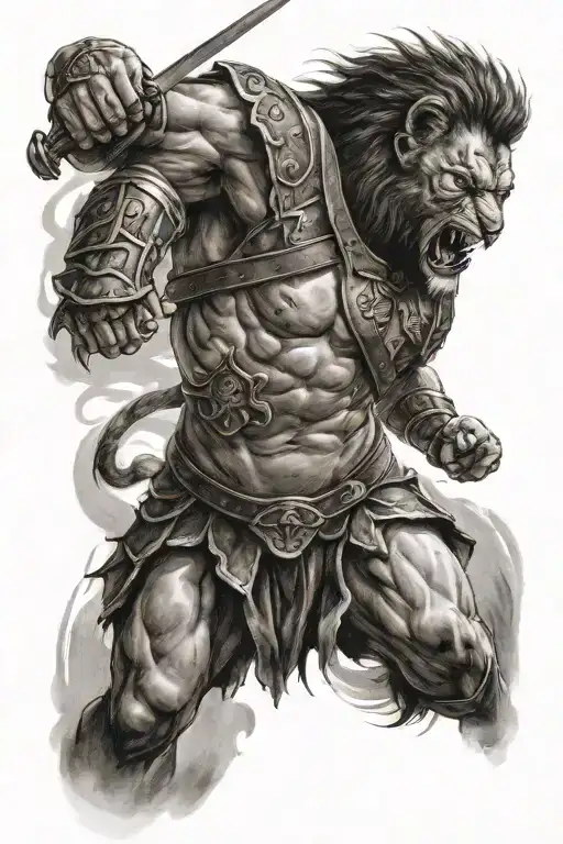 Gladiator Fighting A Lion Roaring