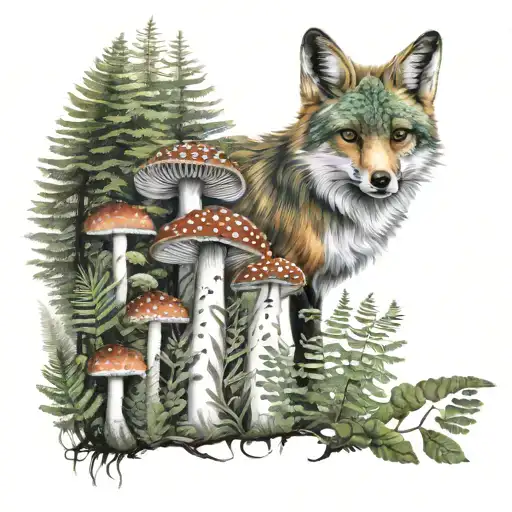 Fern And Mushrooms Forest Vibe Fox