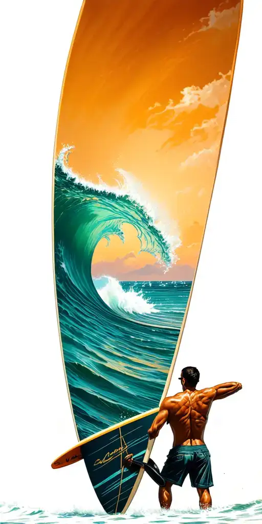 Man With Surfboard Looking Out To Ocean Where A Wave Morphs Into Posedian