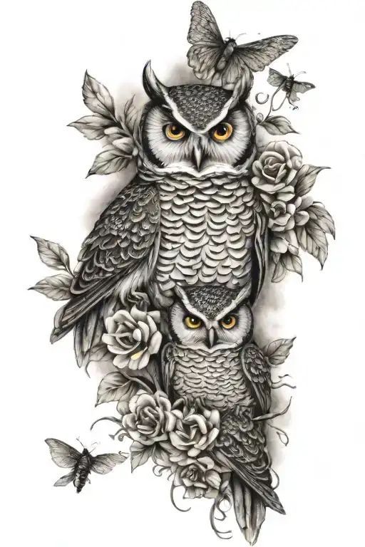 Mom Owl With 3 Baby Owls With Dragonfly And Flowers Growing