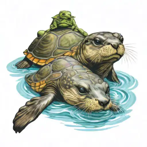 A River Otter Saying Hello To A Turtle Swimming