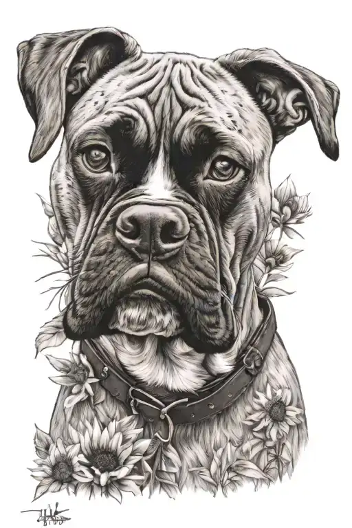 A Realistic Portrait Of A Boxer Dog Wearing A Hunting Vest And Standing In A Field Of Sunflowers