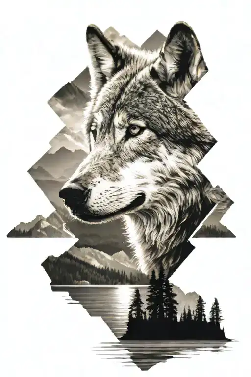 Wolf Looking Into Lake Surrounded By Mountains