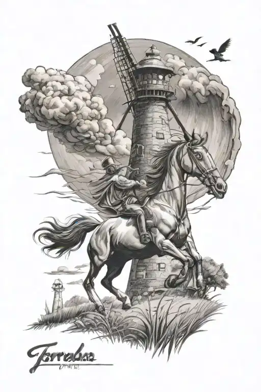 Tornado With Windmill Cardinal And Horse Galloping Through A Field