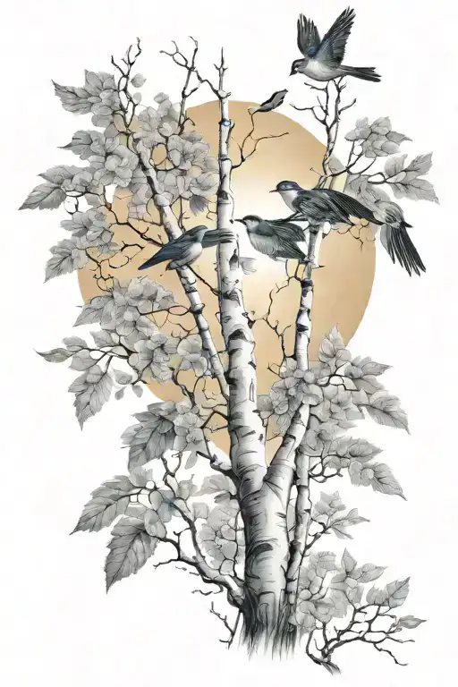 Birch Trees And Bird Flying Away Top And Sunrise