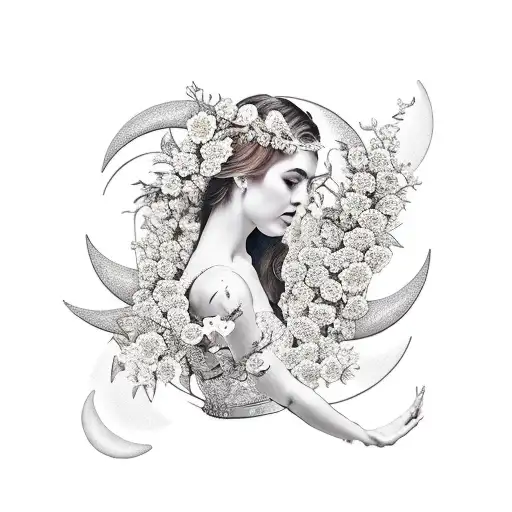 A Graceful Dancer Surrounded By Blooming Flowers And A Crescent Moon