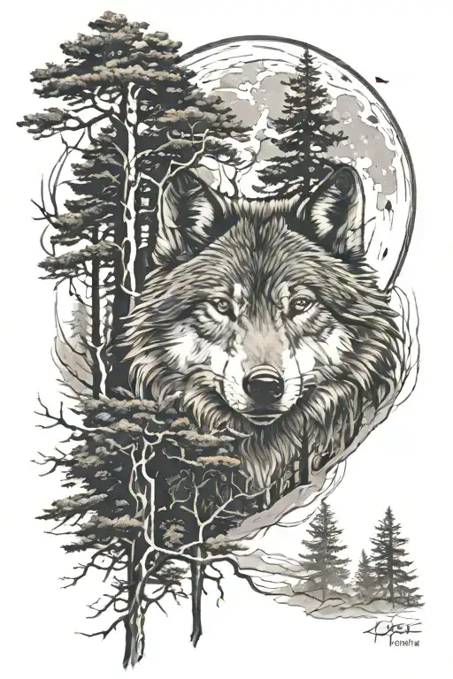 Wolf And Trees And Moon Surrounded