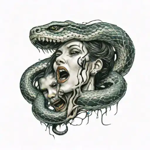 A Snake With Multiple Heads Biting A Woman While She Bleeds