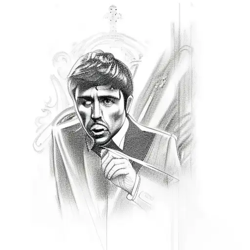 A Sketch-style Portrait Of Tony Montana Surrounded By Chess Pieces And Dollar Signs