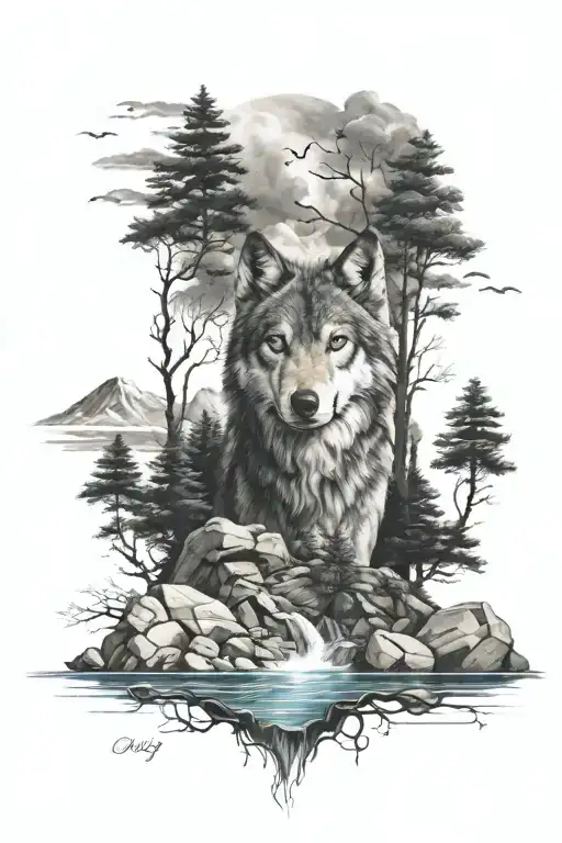 Trees Water Stones Sky And Wolf
