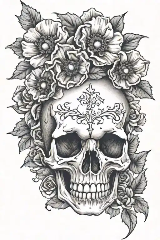 Skull Cross And Poppy Flowers