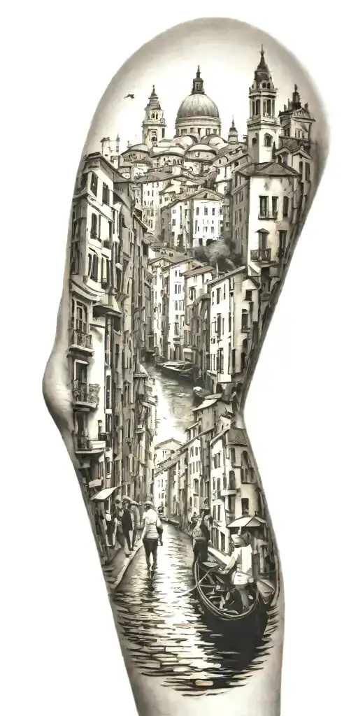 A Tattoo Representing The History Of Your Family Walking Through A City Similar To Venice