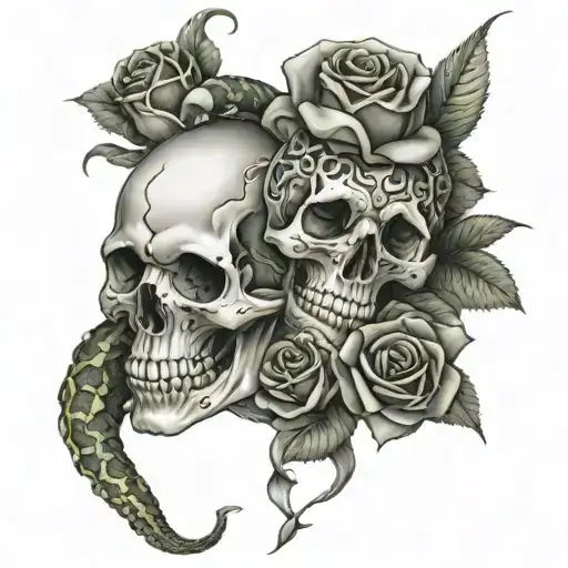 Skulls With Snake Wrapped With Rose