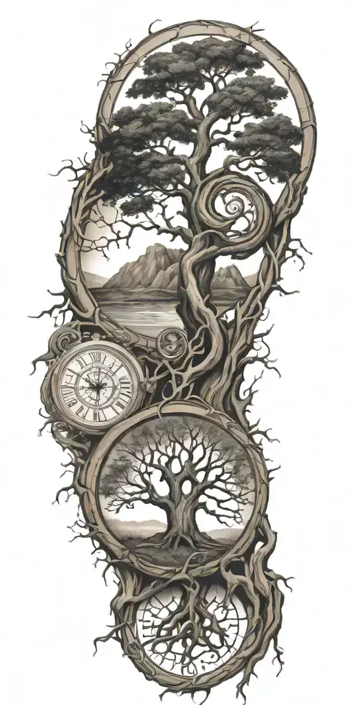 A Tattoo Design Representing The Family Tree Intertwined With Symbols Of The Cycle Of Life