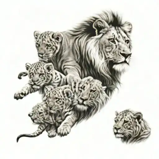 1 Father And Mother Lion With 3 Puppies Playing Together