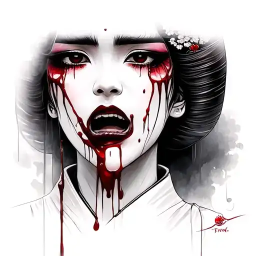 Crying Geisha Crying With Blood In Black And Grey Format