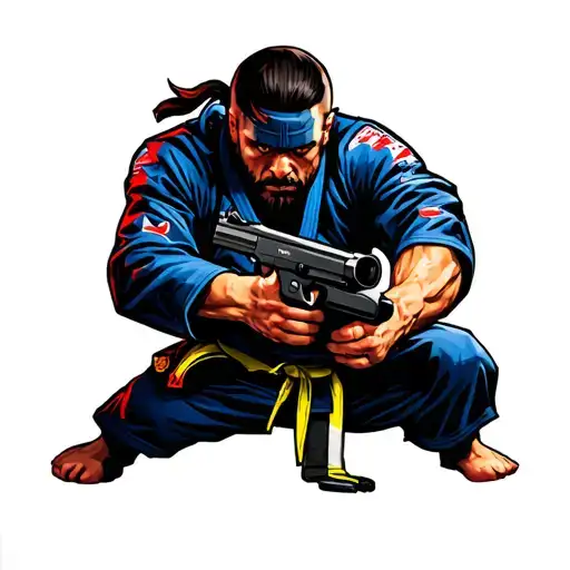 A Video Game Character Wielding A Gun In A Jiu-jitsu Stance