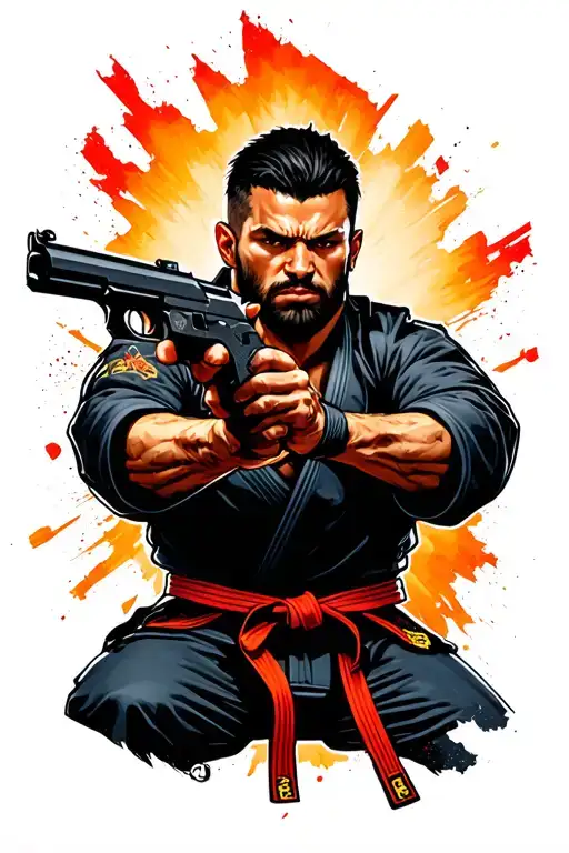 A Video Game Character Wielding A Gun In A Jiu-jitsu Stance