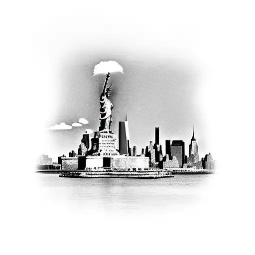 New York City Skyline With The Statue Of Liberty In The Forefront