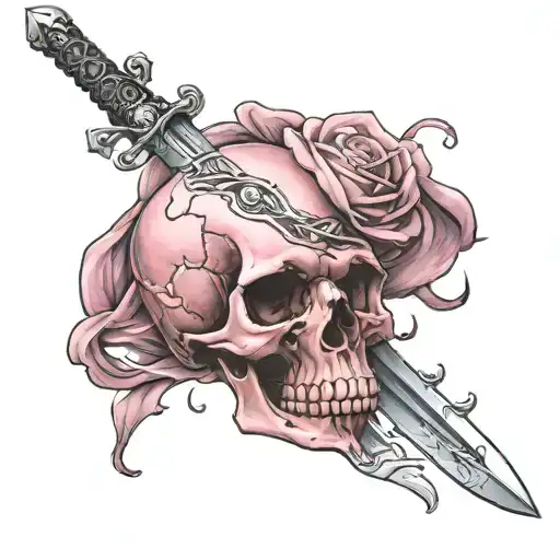 Pink Skull With A Sword Pierced By A Sword Behind The Skull