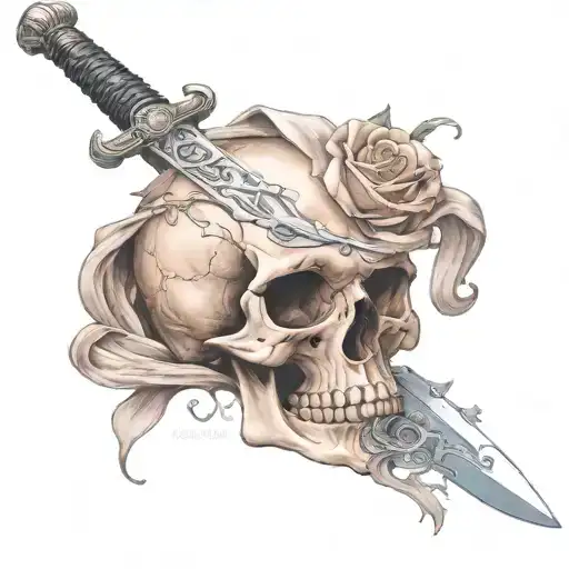 Skull With A Sword Pierced By A Sword Behind The Skull