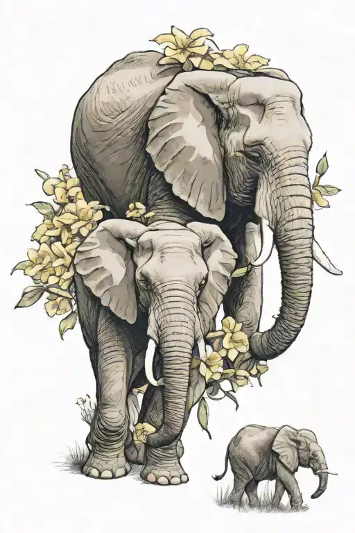 Mom And Baby African Elephants With Carnations And Daffodils