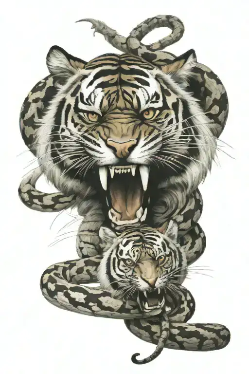 Tiger Head Fighting Snake Intertwined