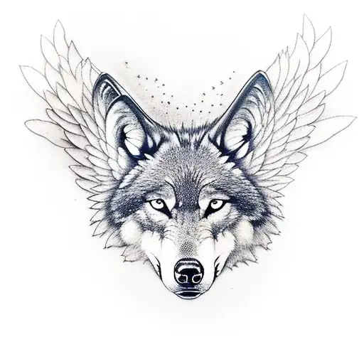 Wolf Head With Transition To Angel Wings With Transition To Dark Forest On Horizon