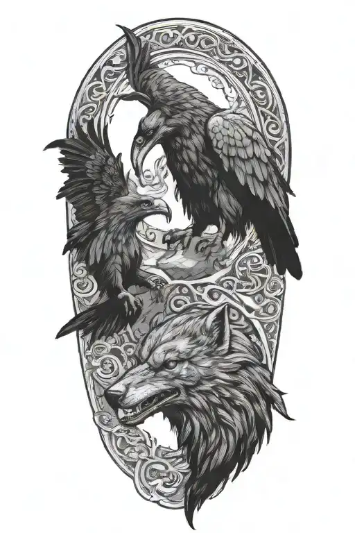 Fenrir Fighting Odins Ravens Huginn And Muninn