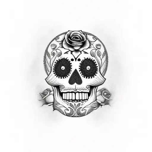Sugar Skull With 13 Roses Behind It