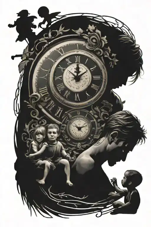 Circular Clock And Father And Children Silhouette