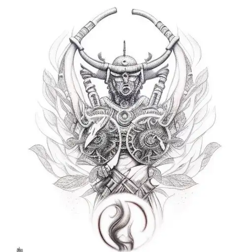 Warrior With Back Turned And Standing In A Garden