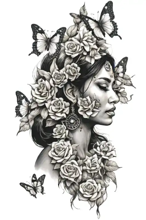 Indian Woman Face Surrounded By Roses And Butterflies