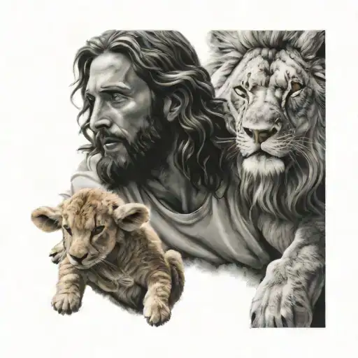 Jesus Holding A Lamb With A Lion Roaring In The Background