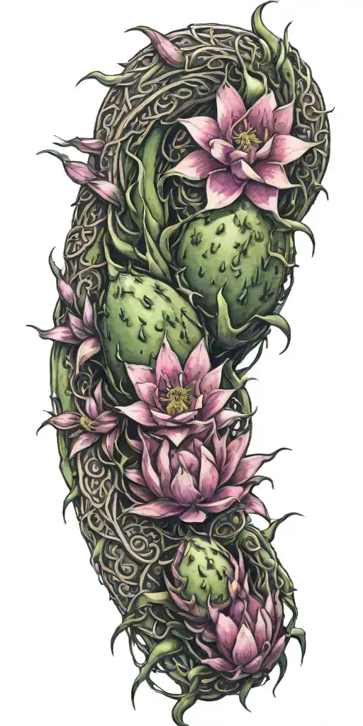 Dragon Fruit Plant With Plumeria Flowers And A Dragon Wrapped Throughout