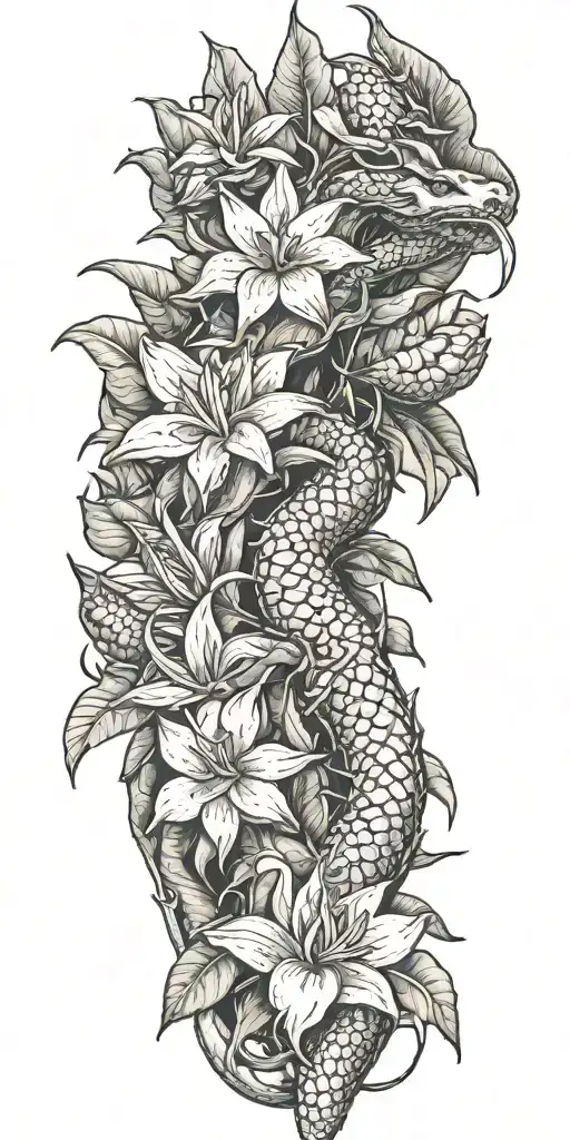 Dragon Wrapped Around Dragonfruit Plant With Plumeria Tree