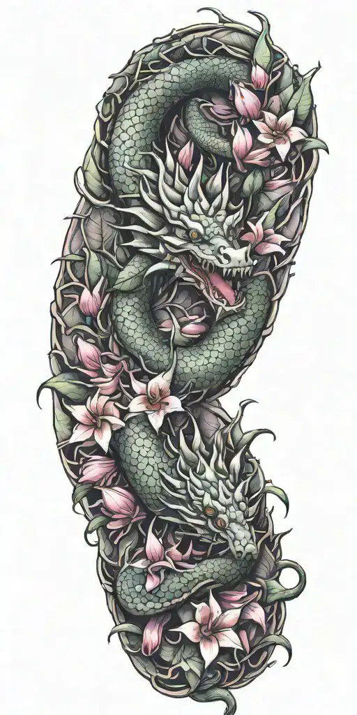 Dragon Wrapped Around Dragonfruit Plant With Plumeria Tree