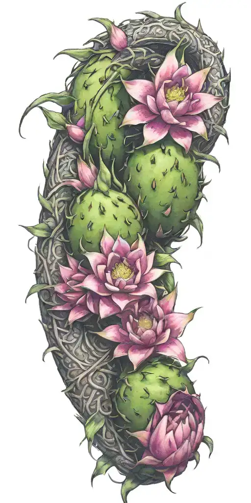 Dragon Fruit Plant With Plumeria Flowers And A Dragon Wrapped Throughout