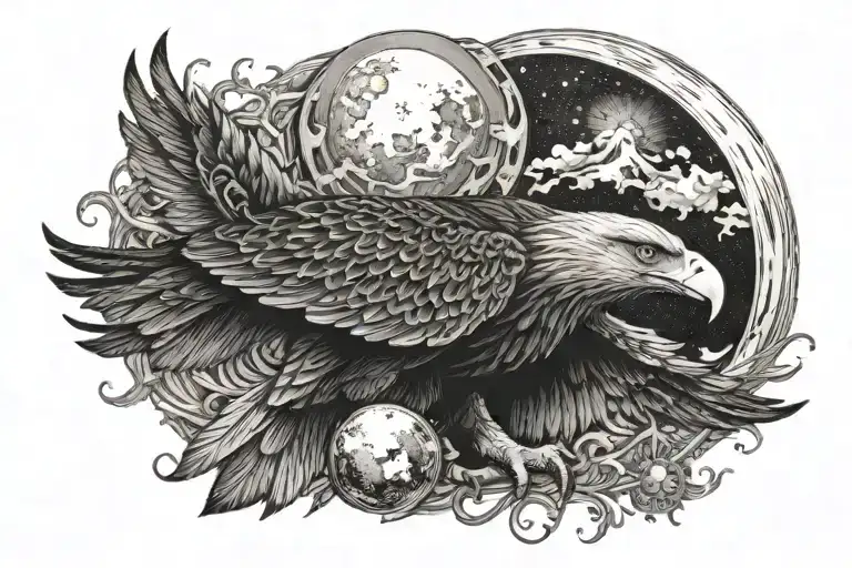 Eagle In Front Of Moon And Sun