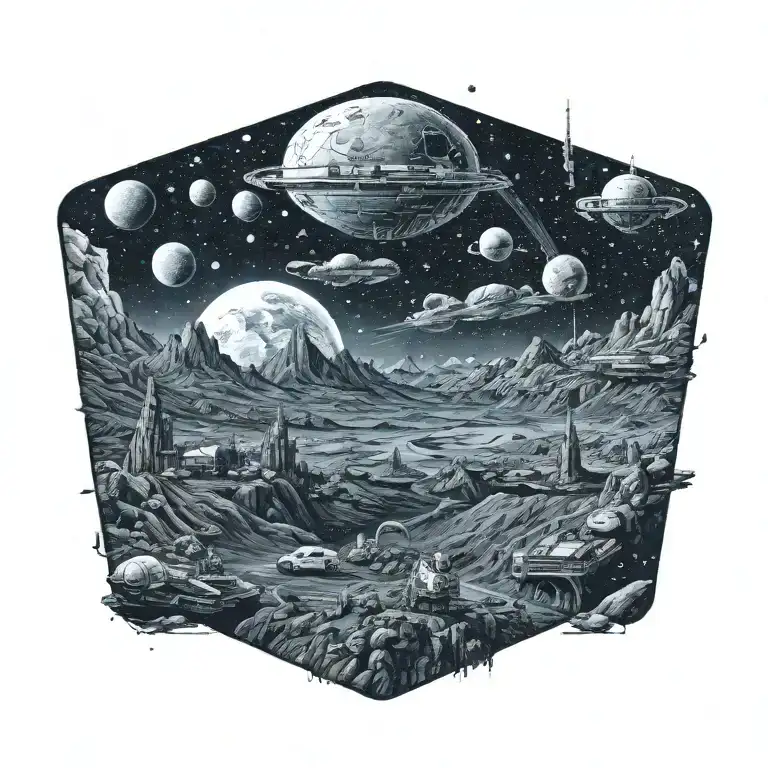 A Space Themed Landscape Inspired By Technology In Black And White With Only A Small Amount Of Color