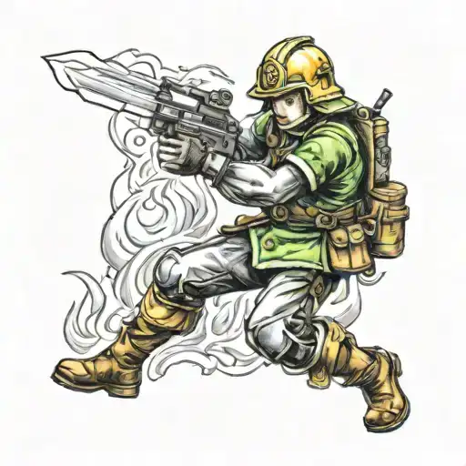 A Tattoo Of Link From Zelda In A Fire Fighter Suit Fighting A Fire