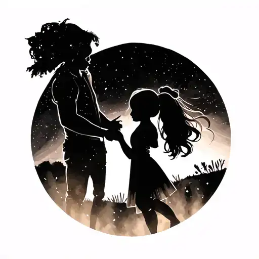 In A Circle A Little Girl Silhouette Holding Her Dad