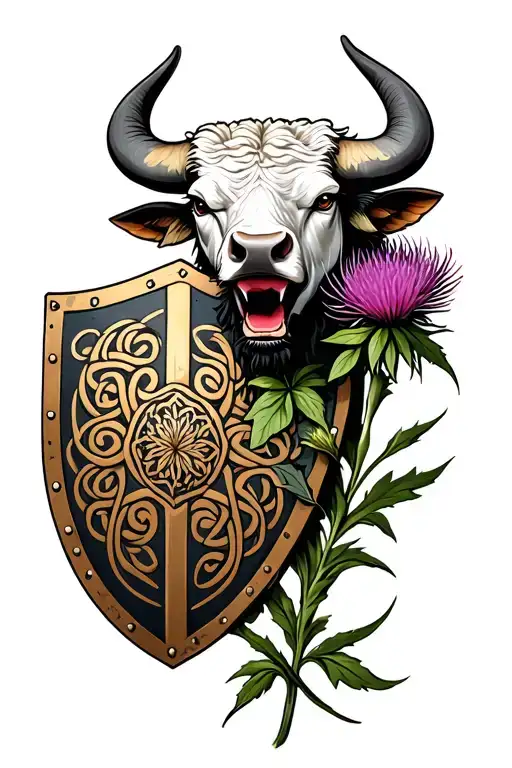 Celtic Shield With As Bull's Head Holding A Thistle Flower
