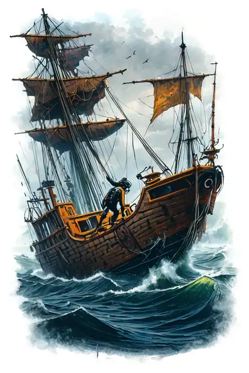 Nautical Sleeve With Diver Exploring A Shipwreck