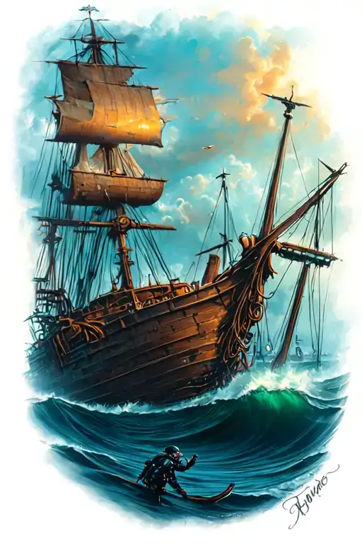 Nautical Sleeve With Diver Exploring A Shipwreck