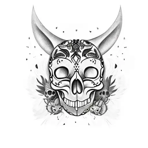 A Skull Wearing A Cat Mask Surrounded By Moths In Black-grey Style