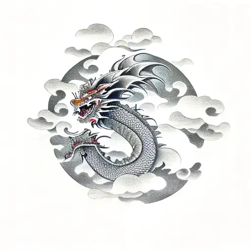 Japanese Dragon With Japanese Clouds And Japanese Buildings