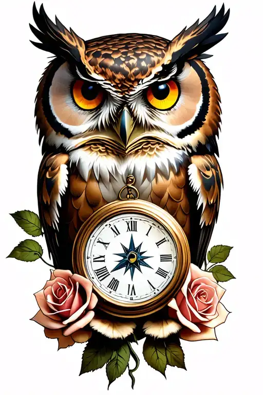 Owl Clutching Clock And Compass 2 Roses