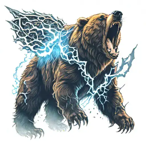 Grizzly Bear Standing Up In Armor Glowing Blue Eyes Calling Lightning From Heavens Like Thor
