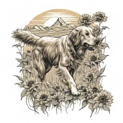 A Mountain Landscape With A Golden Retriever Running Through A Field Of Sunflowers